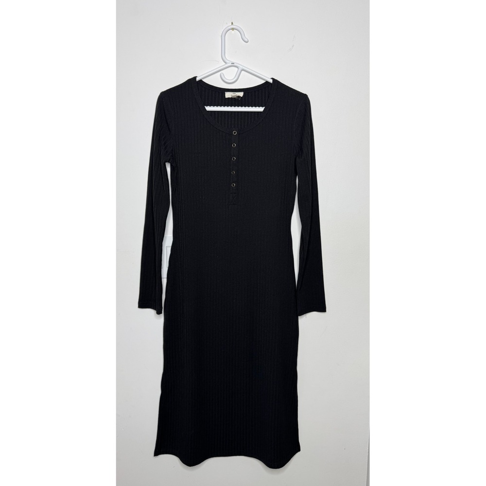 Entro Black Ribbed Henley Midi Dress Long Sleeve Scoop Neck Womens Large